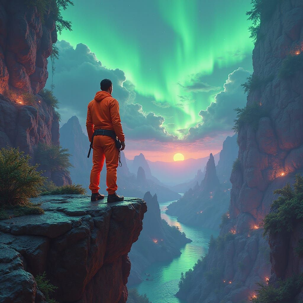 surreal neon green digital and neo in neon orange suit stand...