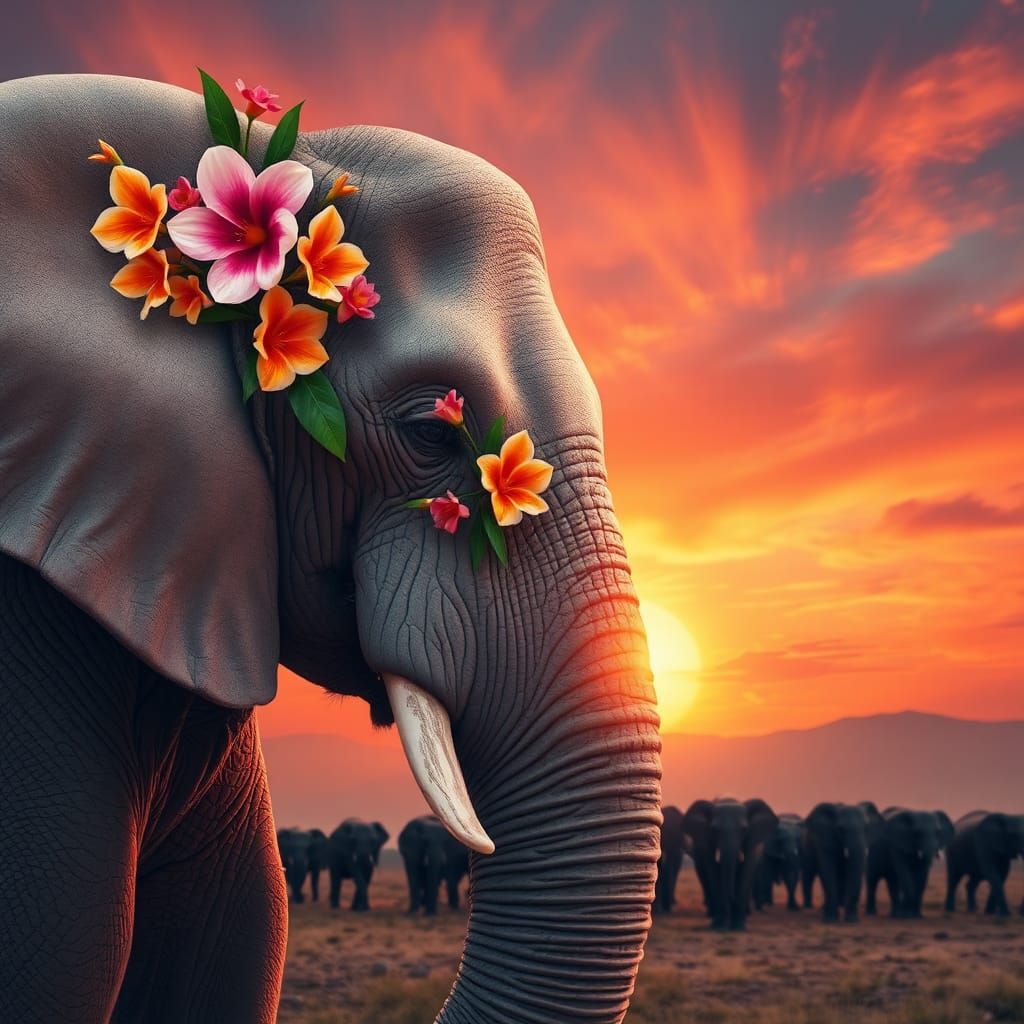 Majestic Elephant with Tropical Flowers at Sunset