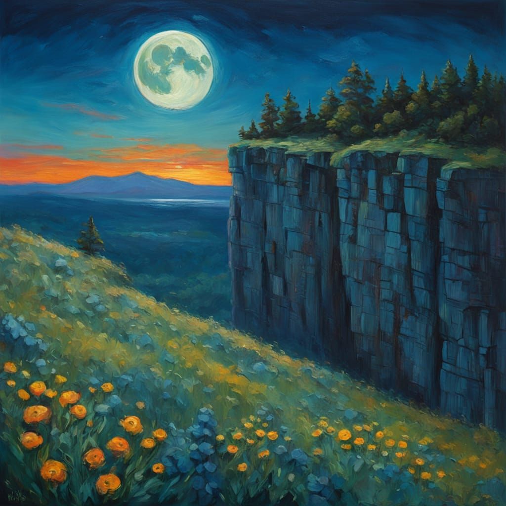 Harvest Moon Over Flowers and Mossy Cliff with Nighthawk
