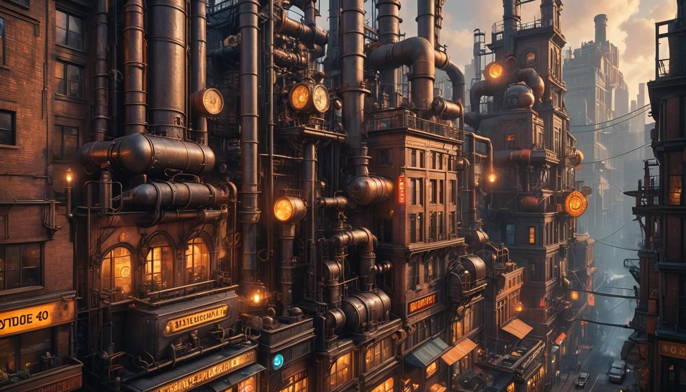 Steampunk City Street with Neon Lights at Dusk