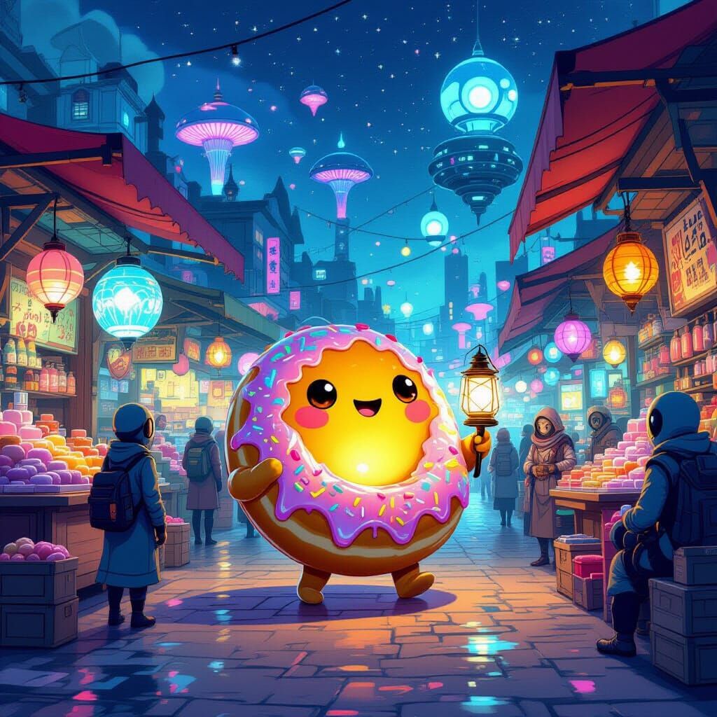 Alien Market Scene with Sentient Jelly Donut