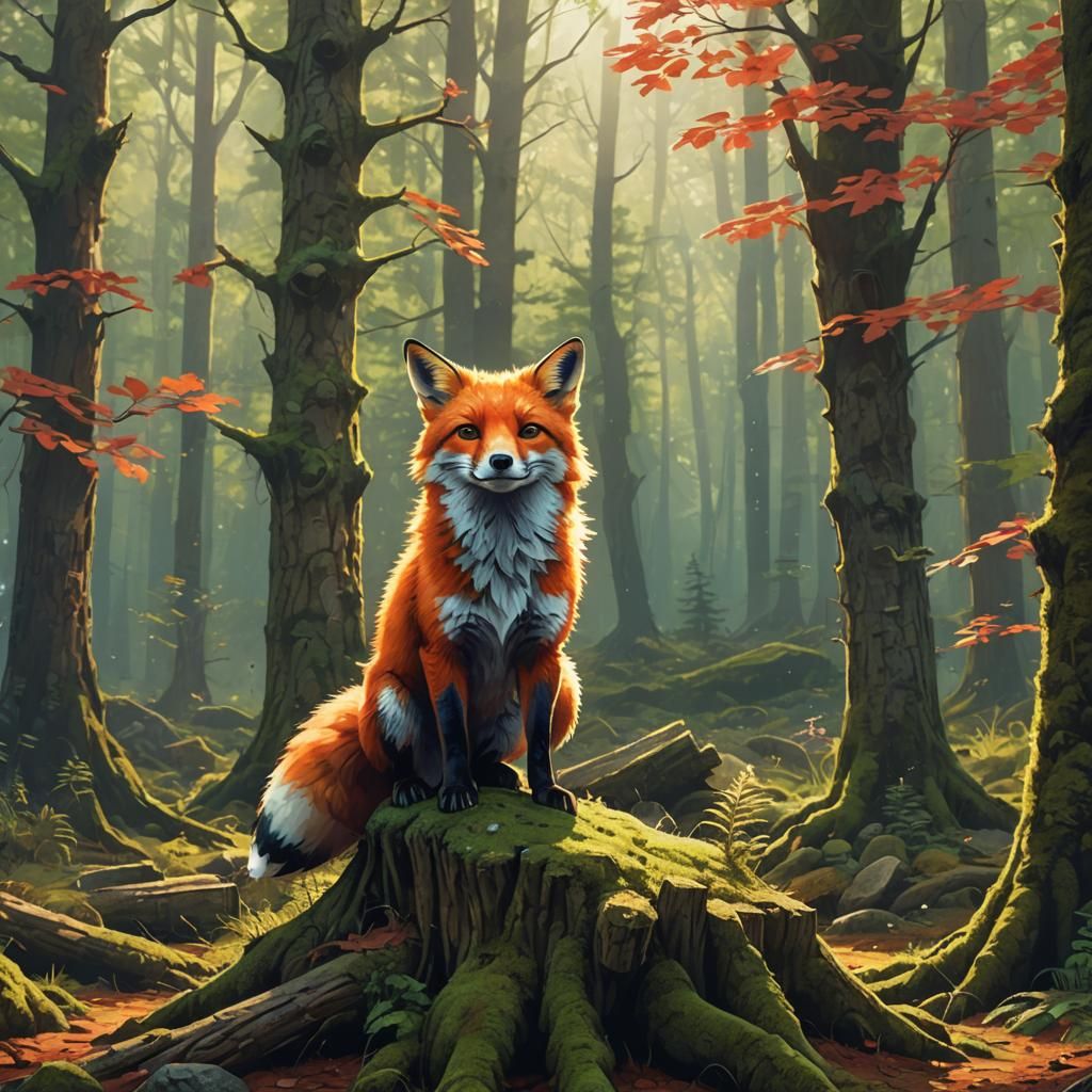 Red Fox in Mystical Forest: Fantasy Concept Art