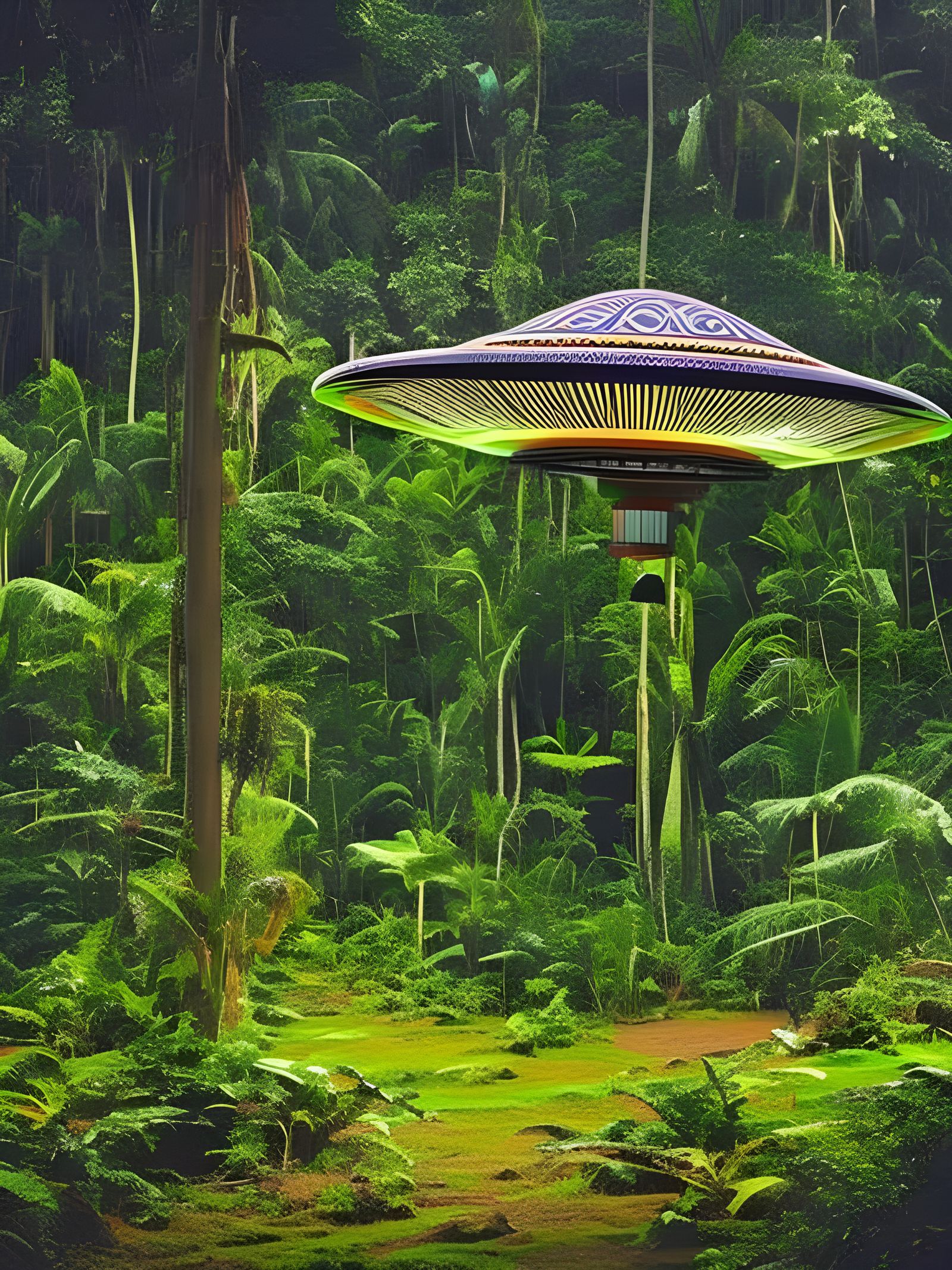 Flying Saucer in Jungle with Alien Lights