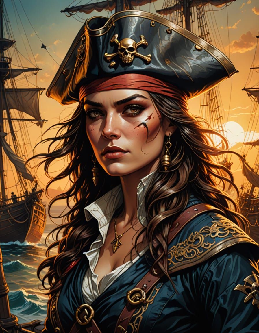 Pirate Woman Portrait in Comic Book Art Style
