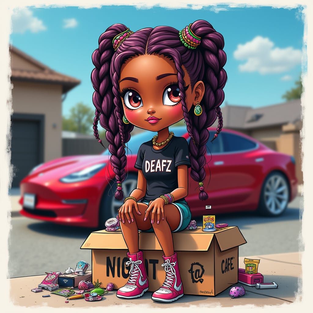 Vibrant Anime Girl in Cardboard Box Setting