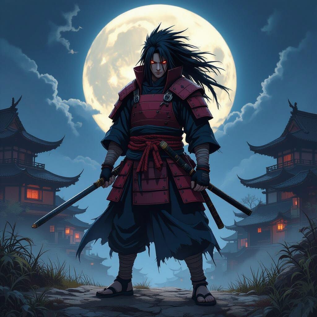 Madara in Moonlit Ninja Village, Mystical Art Style