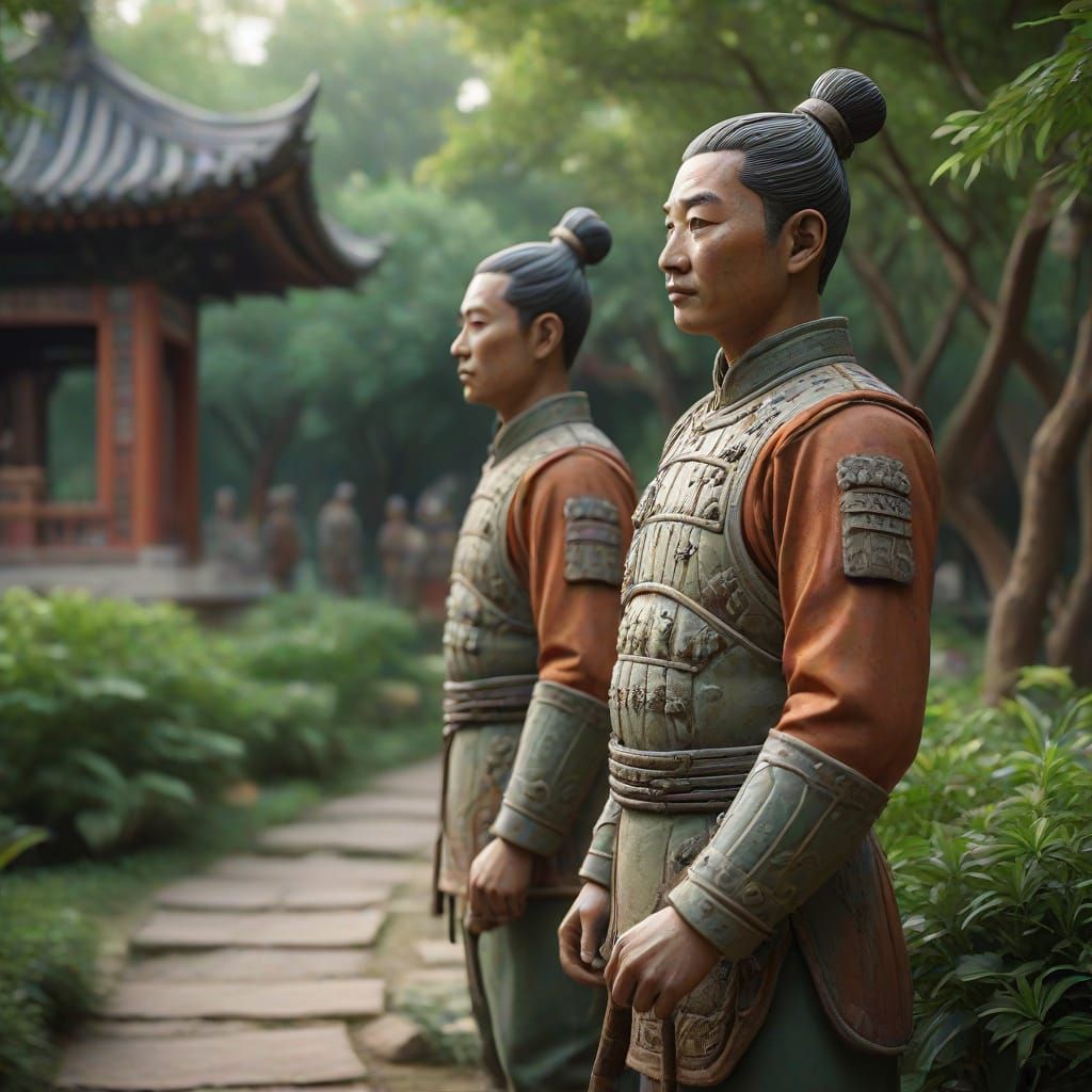 Ancient Chinese Soldiers Terracotta Sculptures in Garden