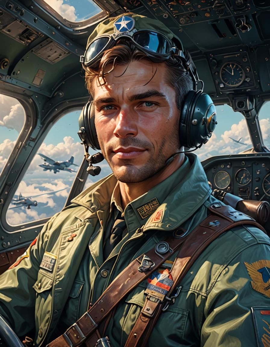 Handsome Pilot in 1940s Uniform: Detailed Portrait