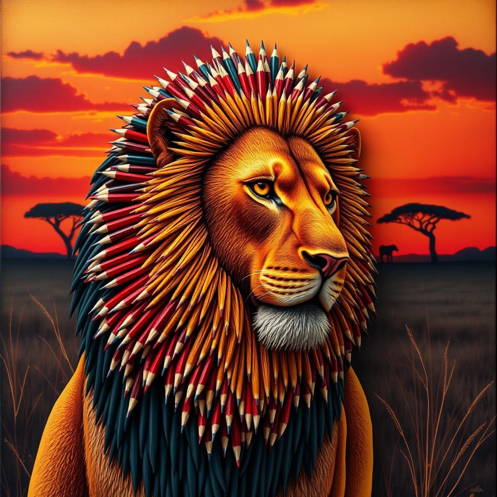 Lion Sculpture Made of Colored Pencils