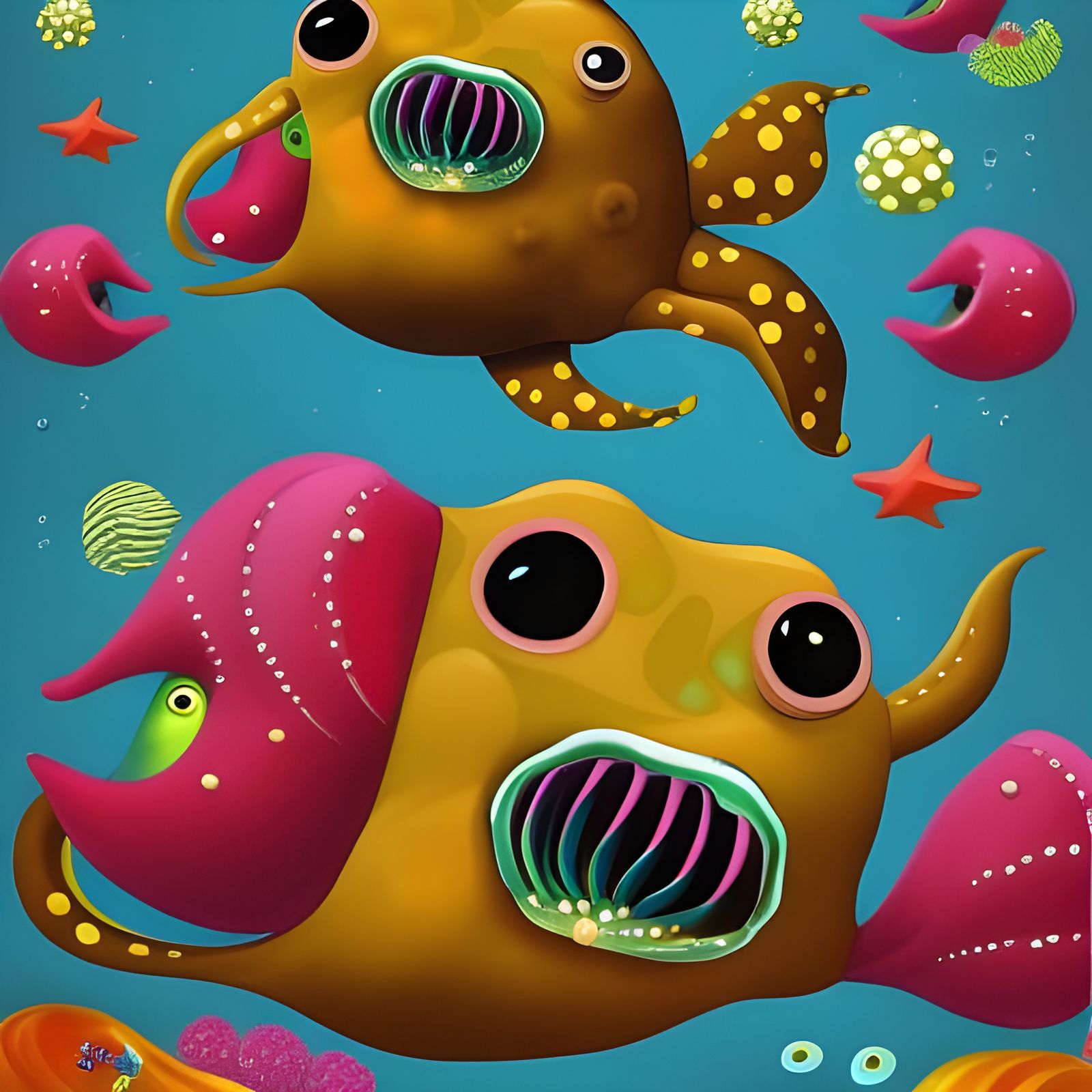 Candy Art Pufferfish in a Colorful Seaweed Scene