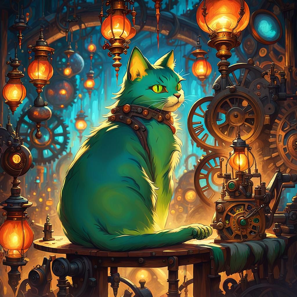 Green Cat in Steampunk Workshop Concept Art