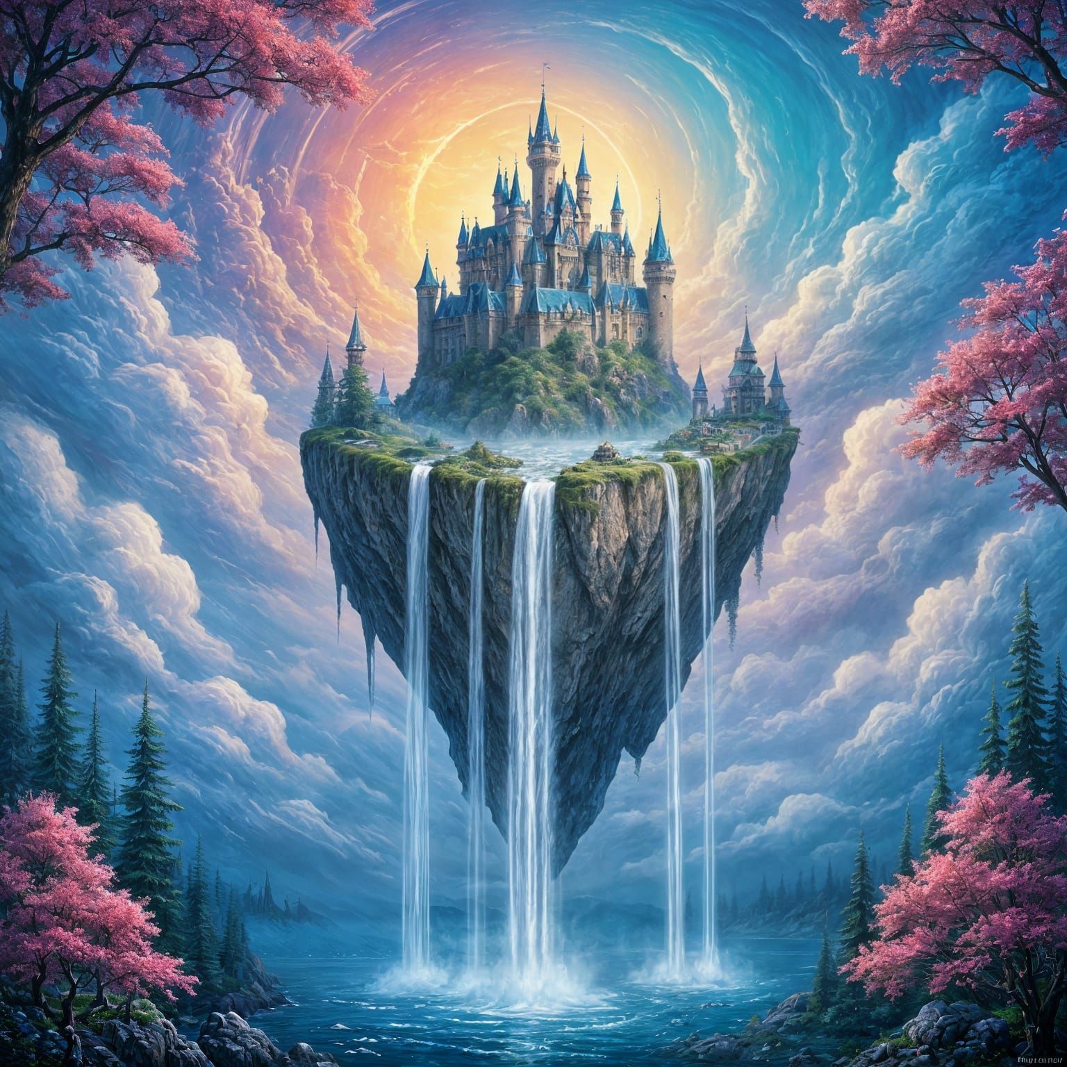 Ethereal Fantasy Castle in Mist, Vibrant Colors