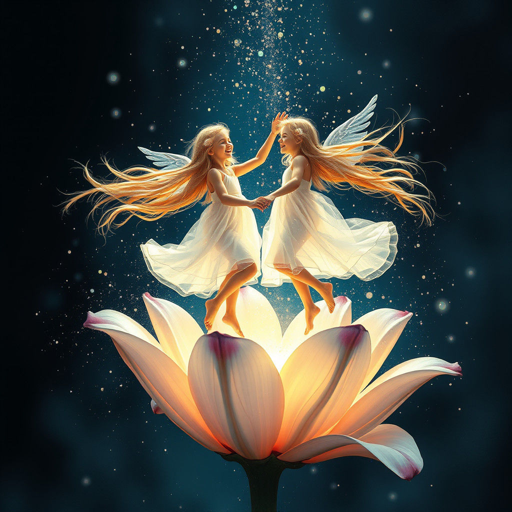 Twin Girls Dancing on a Glowing Flower in Graffiti Art