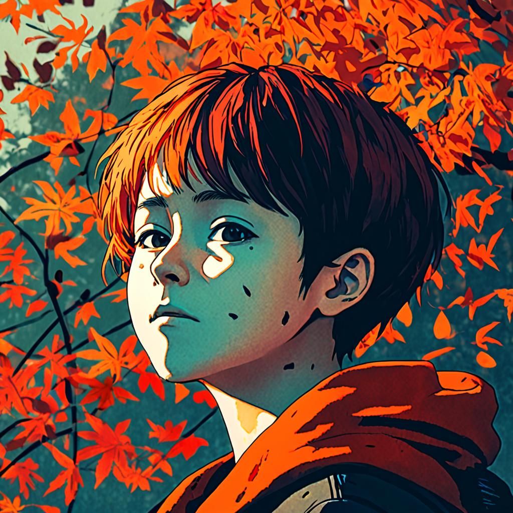 Anime Portrait with Falling Autumn Leaves
