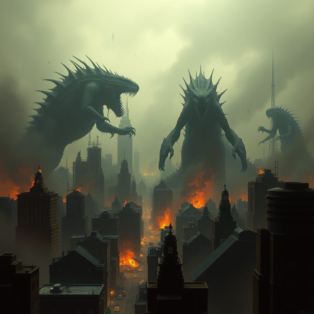 Giant Monsters Invade City in Futuristic Style