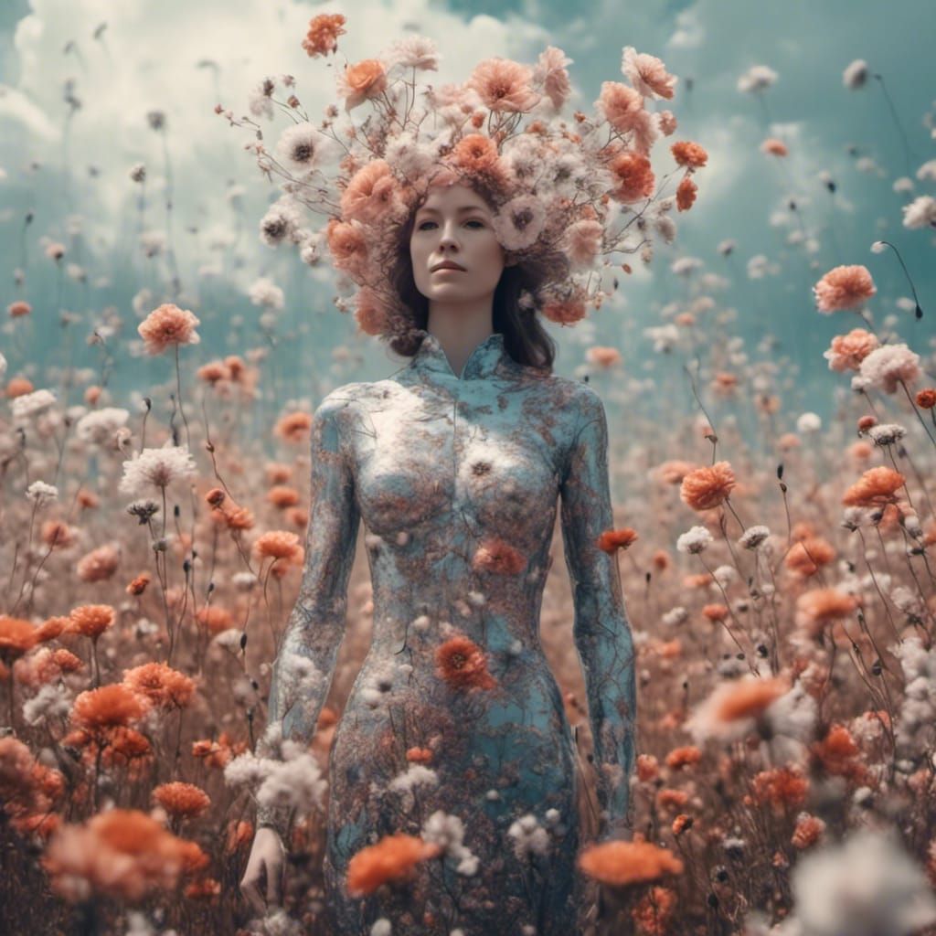 Double Exposure: Woman in Surreal Flower Field