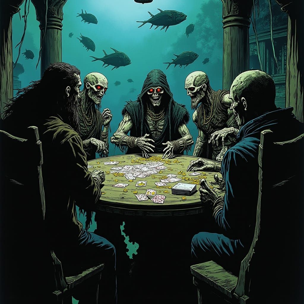Undead Pirates Engage in High-Stakes Poker on Ocean Floor