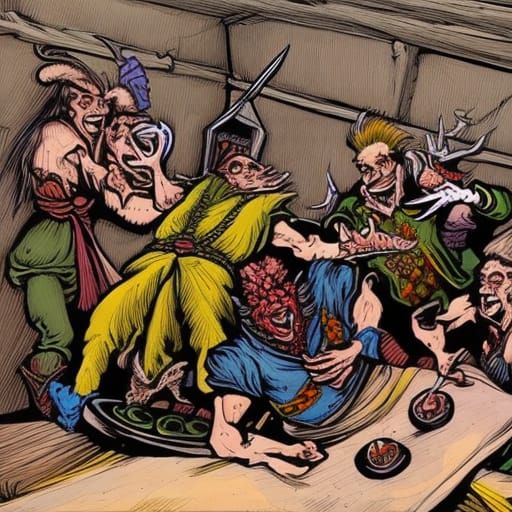 Grotesque Punk Tavern Brawl: Colorful Comic Art