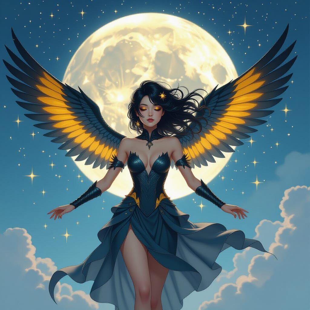 Silver Winged Girl Blocking The Moon in Digital Art