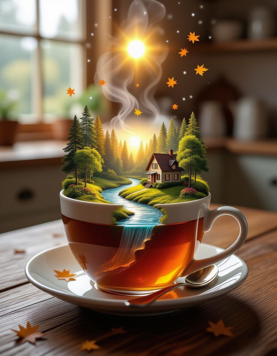 Fantastical Microcosm in Tea Cup with Golden Hour Light