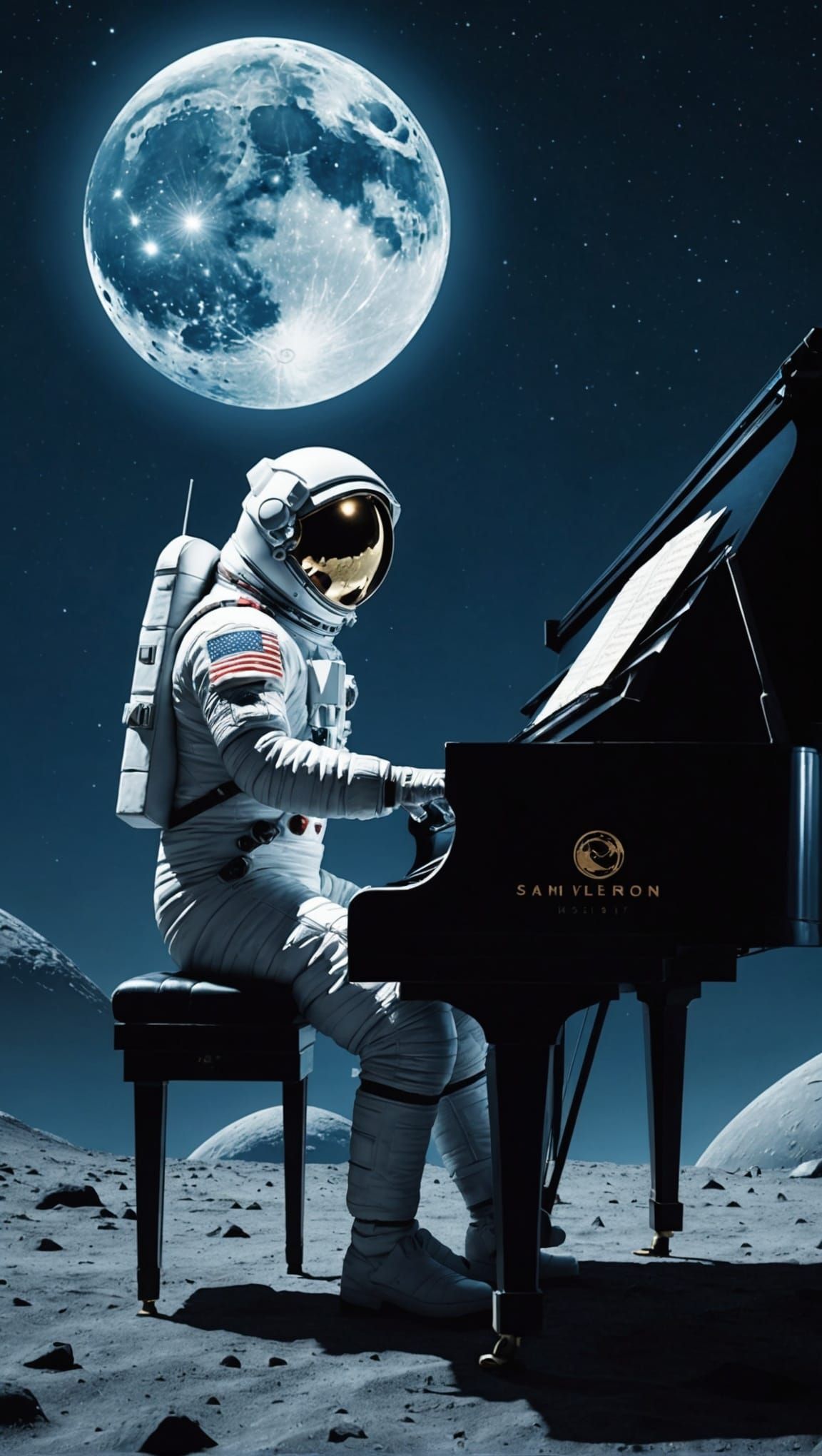 Cosmonaut Plays Piano Under Blue Moonlight