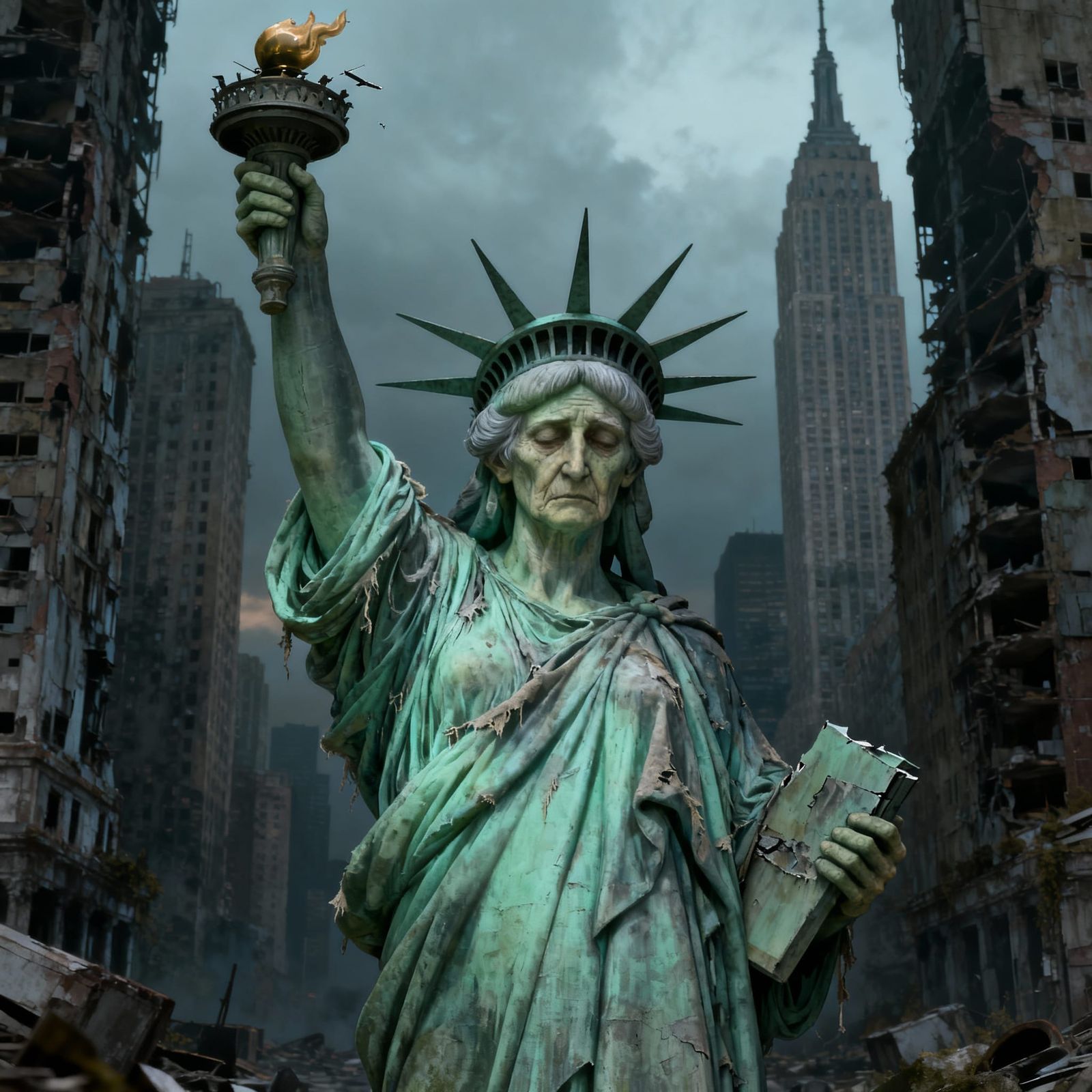 Weary Statue of Liberty in Decaying Cityscape