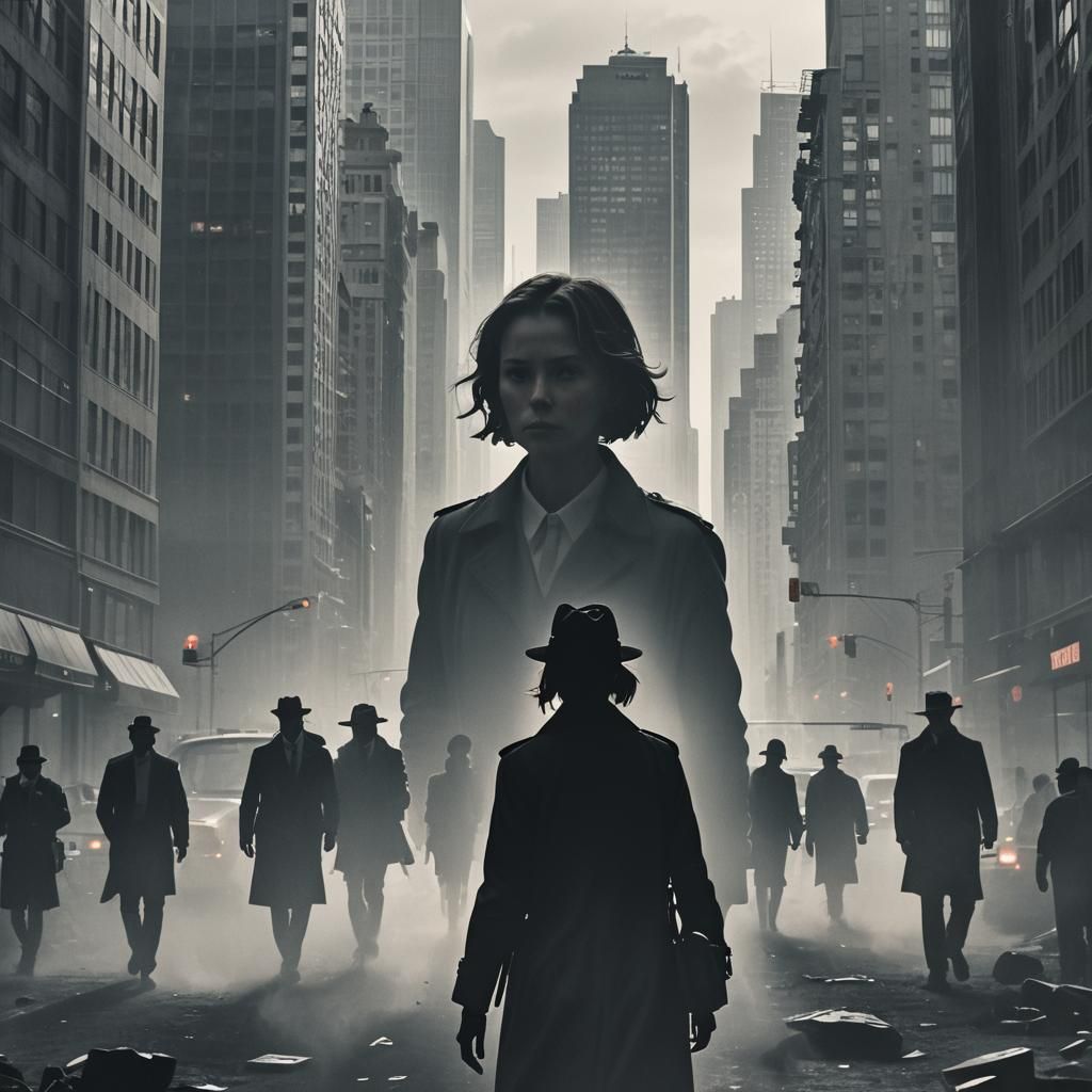 Dramatic Cityscape with Silhouettes and Detective, Cinematic...
