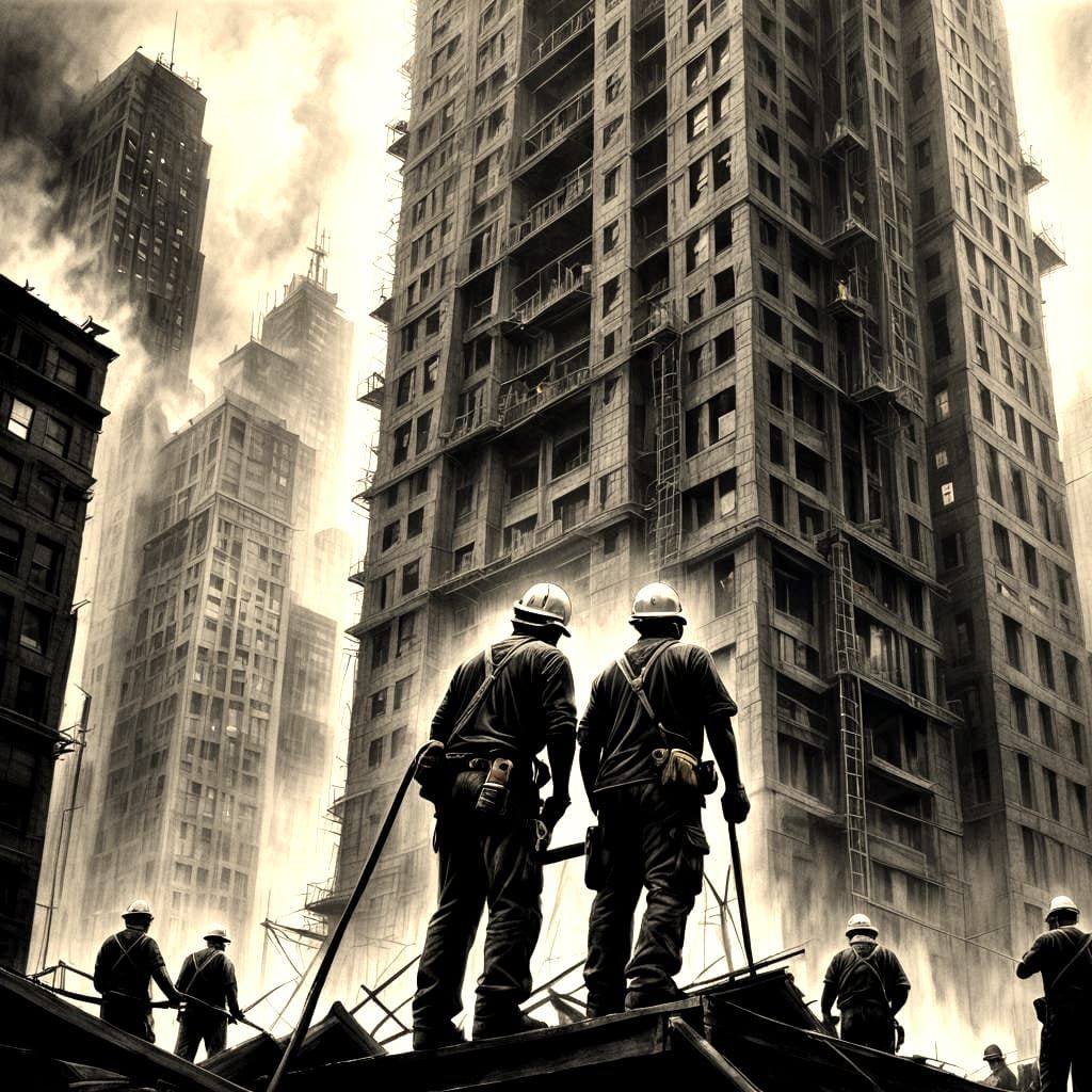 Hyperdetailed Charcoal Drawing of Building Site