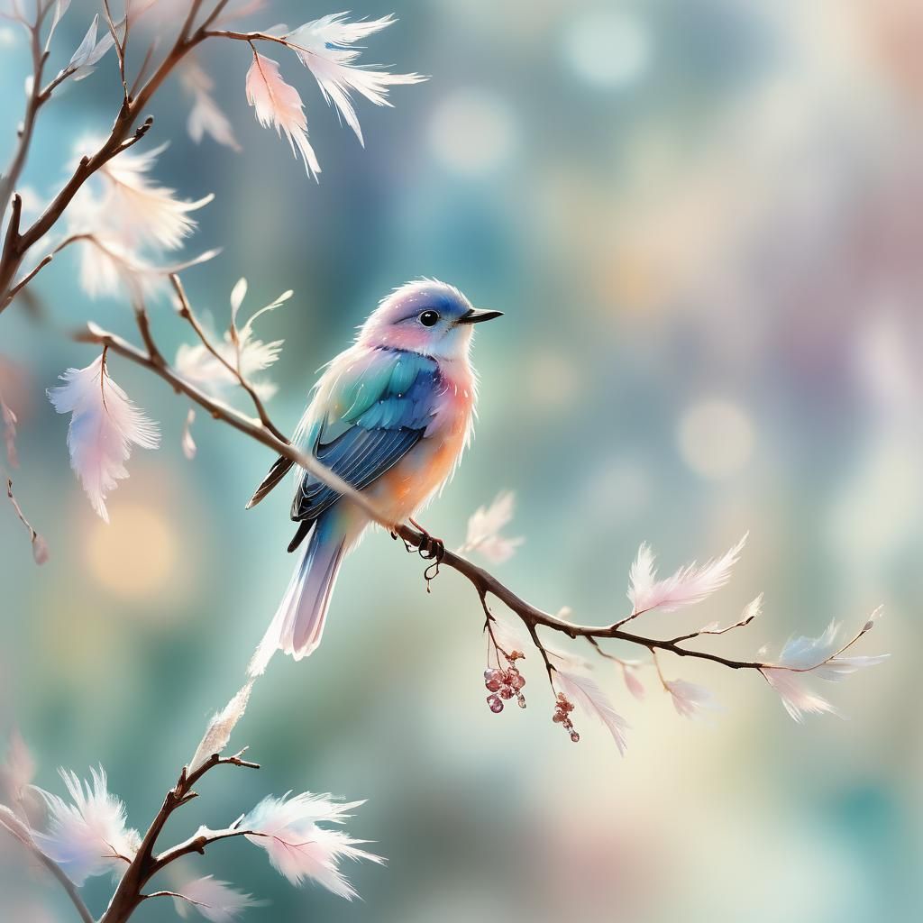 Crystal Bird on Branch in Whimsical Watercolor