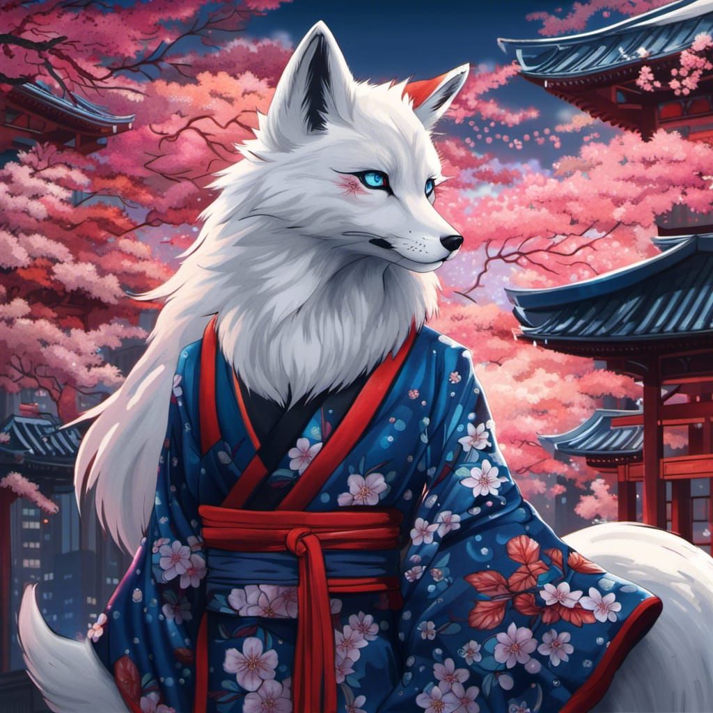 Kitsune with Nine Tails in Cityscape