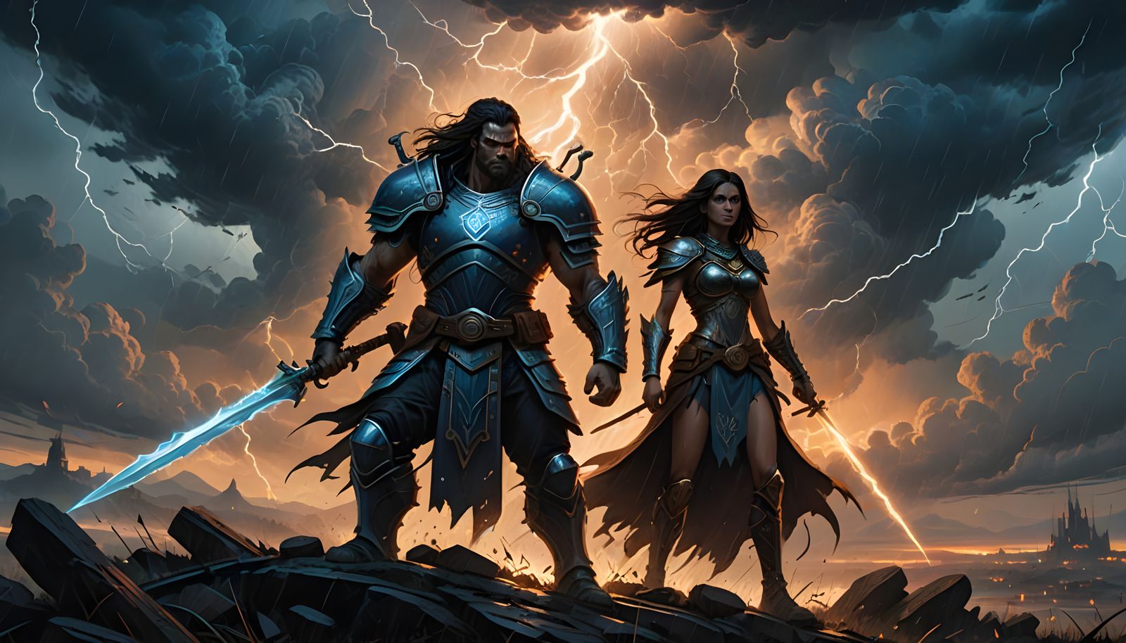 Epic Stormy Battle Scene with Two Warriors Standing United