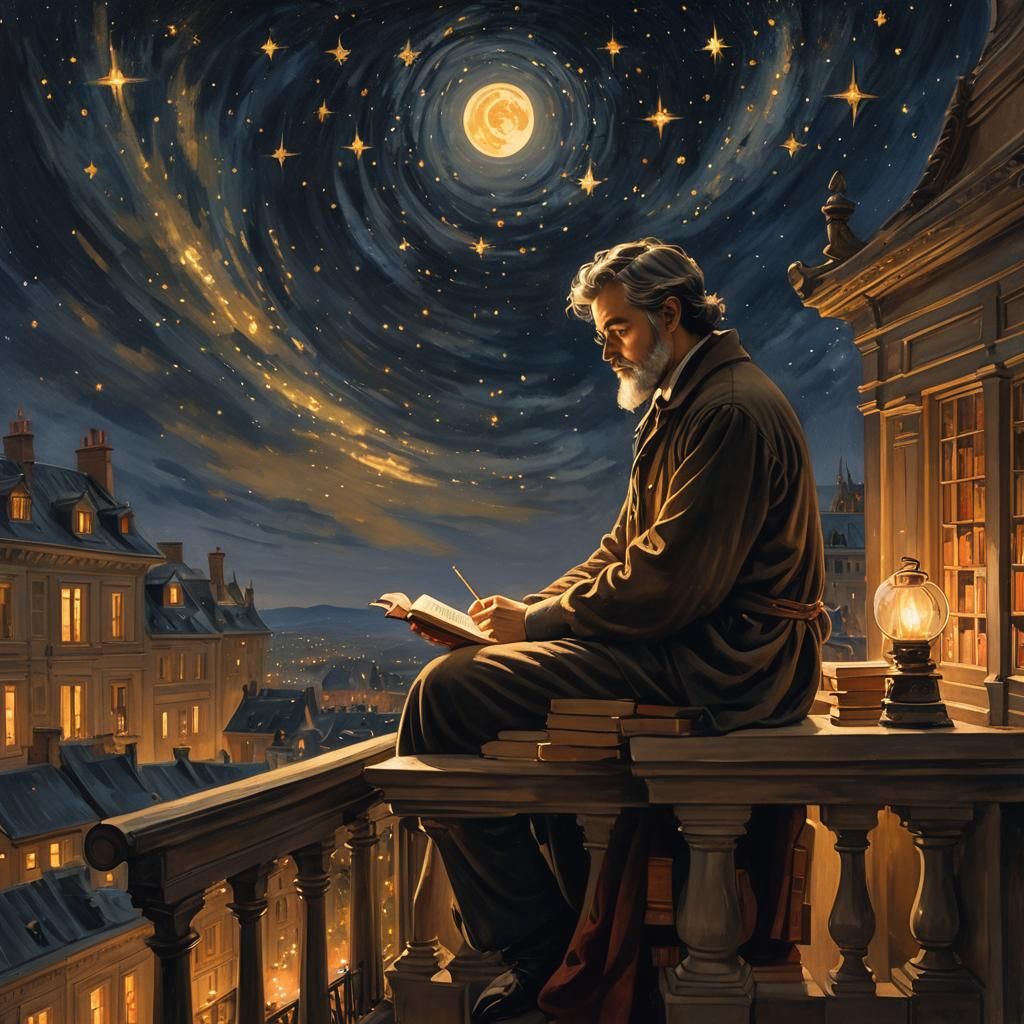Scholar Under Starry Night Sky Oil Painting