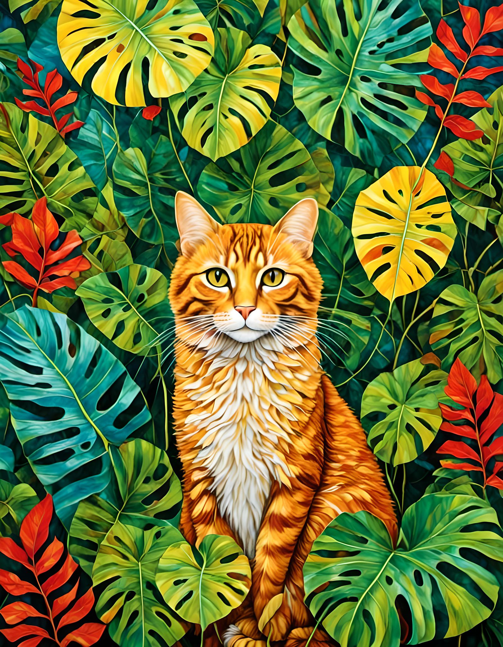 Surreal Cat Peeking from Monstera, Oil on Canvas
