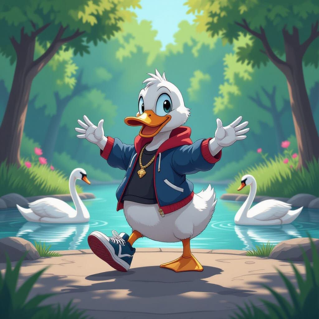 Breakdancing Duck in Manga-Inspired Pond Scene