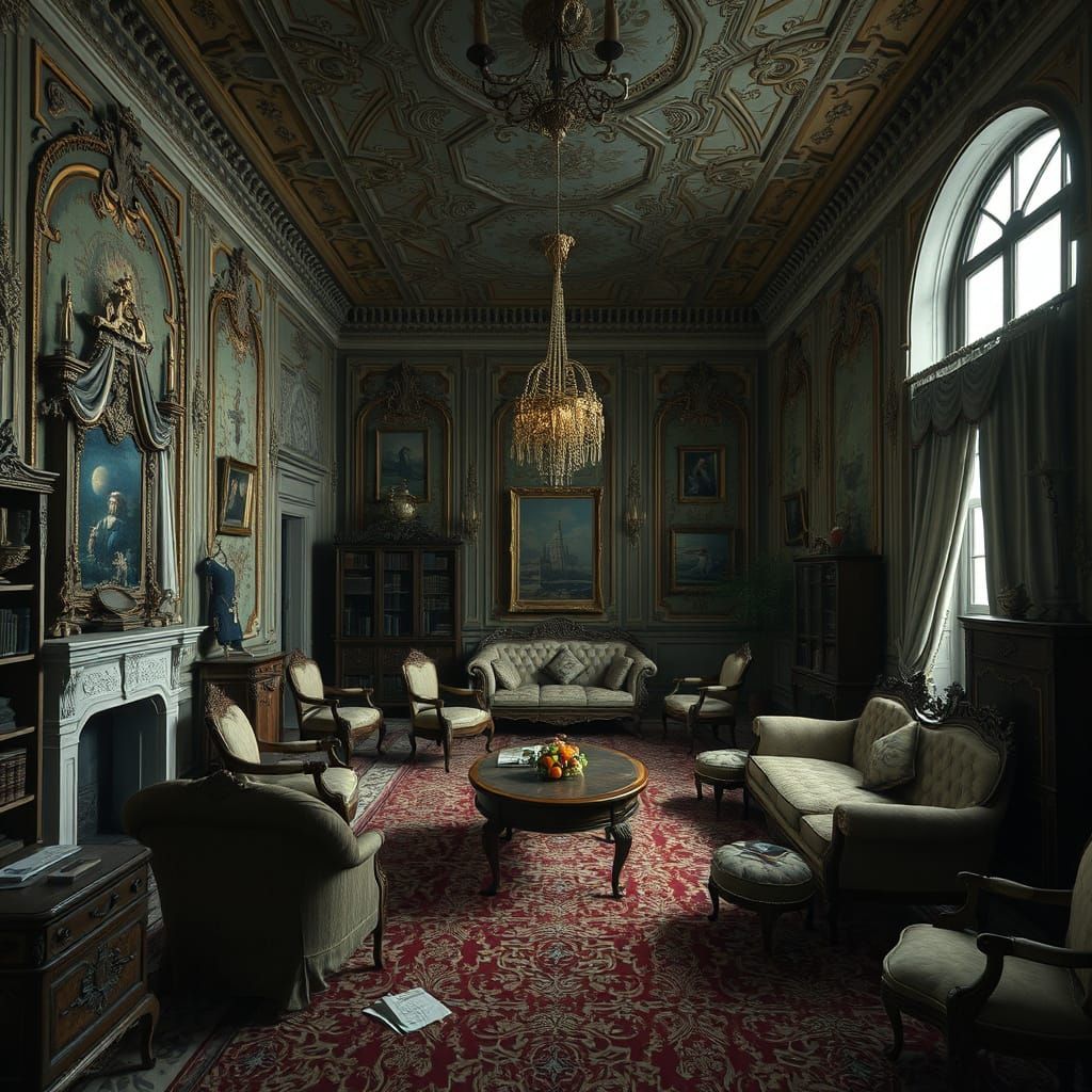 Decaying Opulent European Interior: A Fantastical Matte Pain...