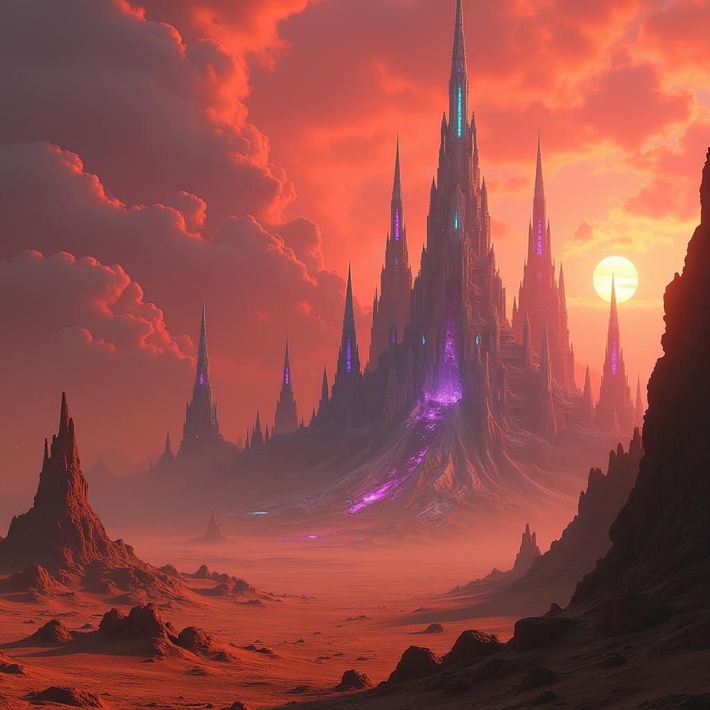 Alien Desert City with Iridescent Spires as Matte Painting