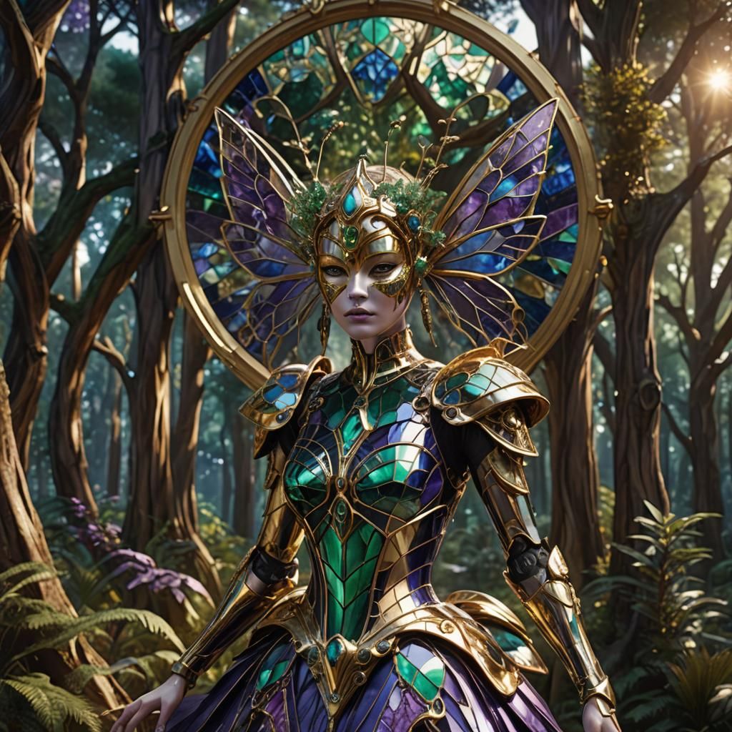 Biomechanical Fairy in Emerald Stained Glass Dress