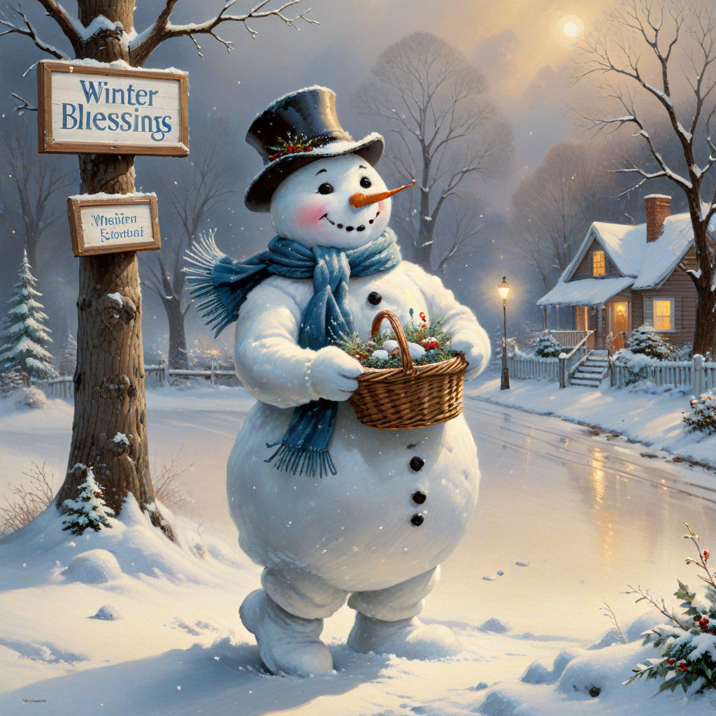 Warm Winter Scene with Snowman and Sparkling Snow