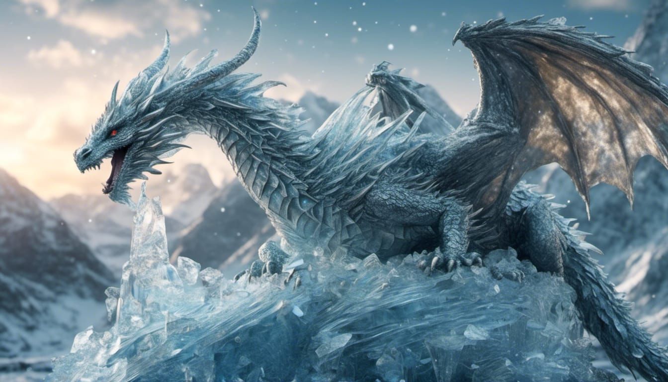 Majestic Ice Dragon on Winter Mountain