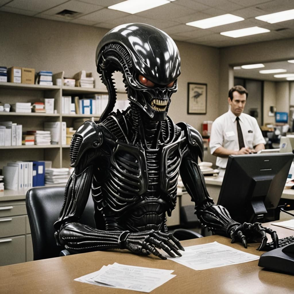 Alien Insurance Clerk in a Futuristic Office