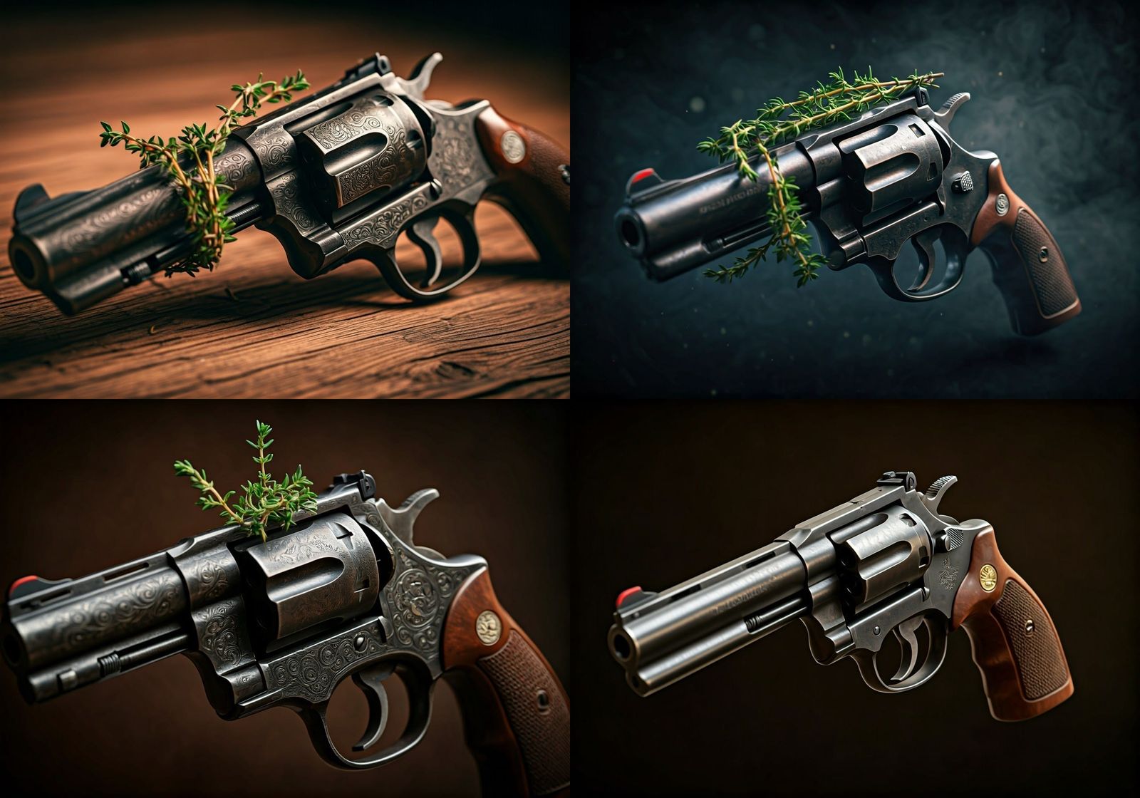 Hyperrealistic Revolver Covered in Thyme