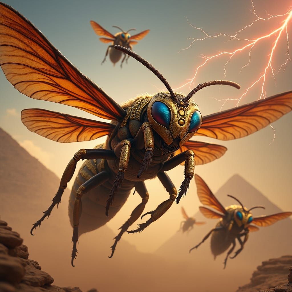 Steampunk Wasps Swarming Pyramids in Sci-Fi Landscape