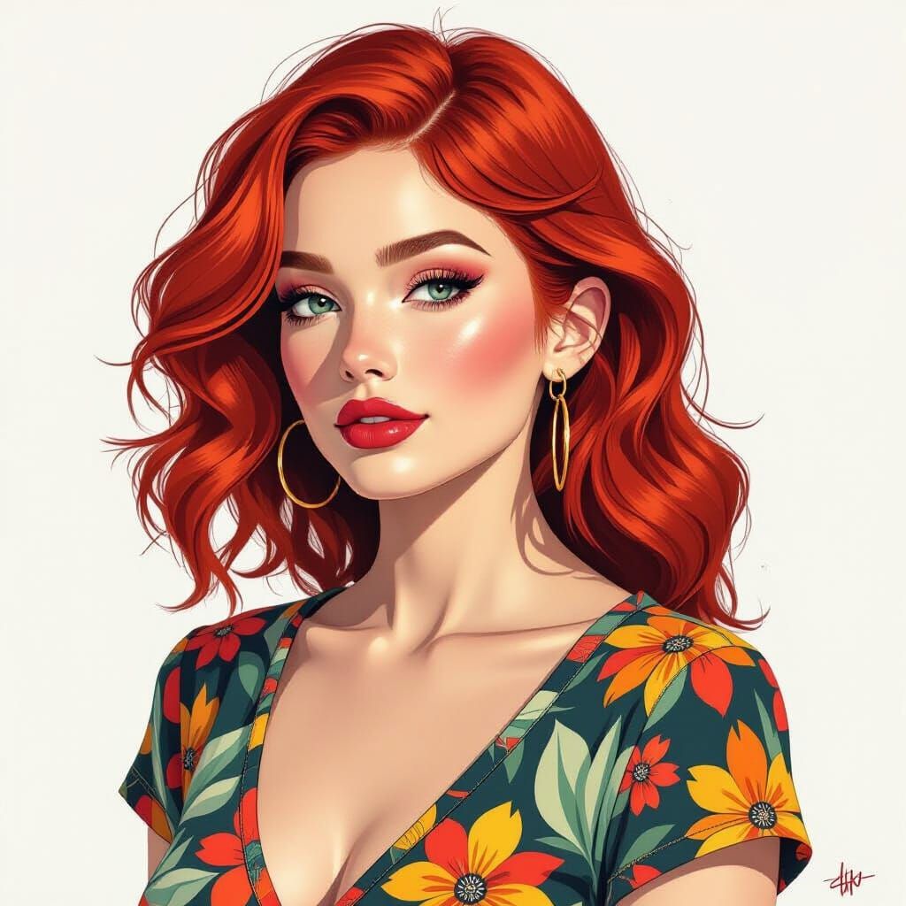 Rare Woman Portrait With Vibrant Red Hair and Graffiti Baroq...