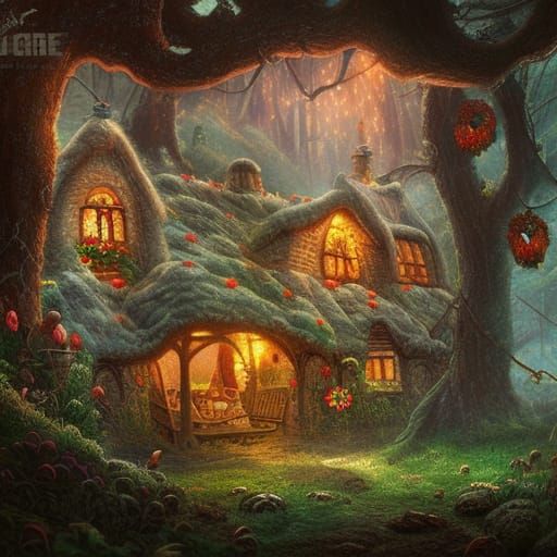 Fantasy Gingerbread Cottage in Deep Forest