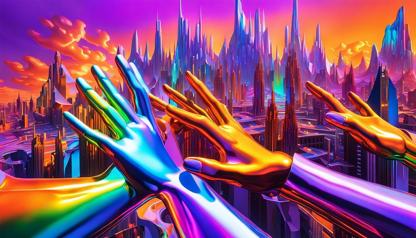 Surreal Holographic Hands in Melting Cityscape