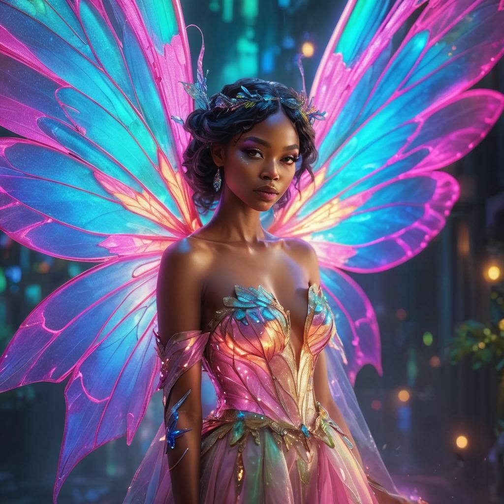 Black Fairy with Vibrant Neon Wings in Fantasy Art