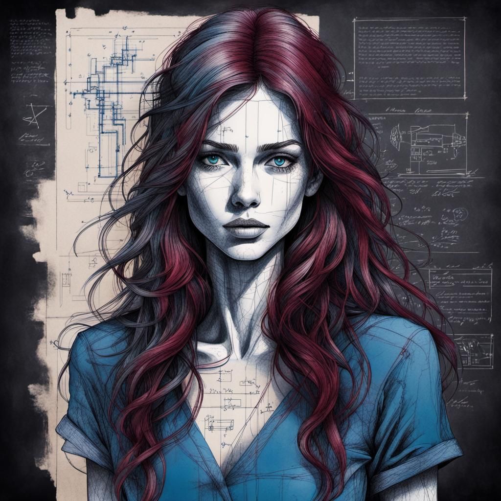 Distressed Blueprint Sketch of a Beautiful Woman