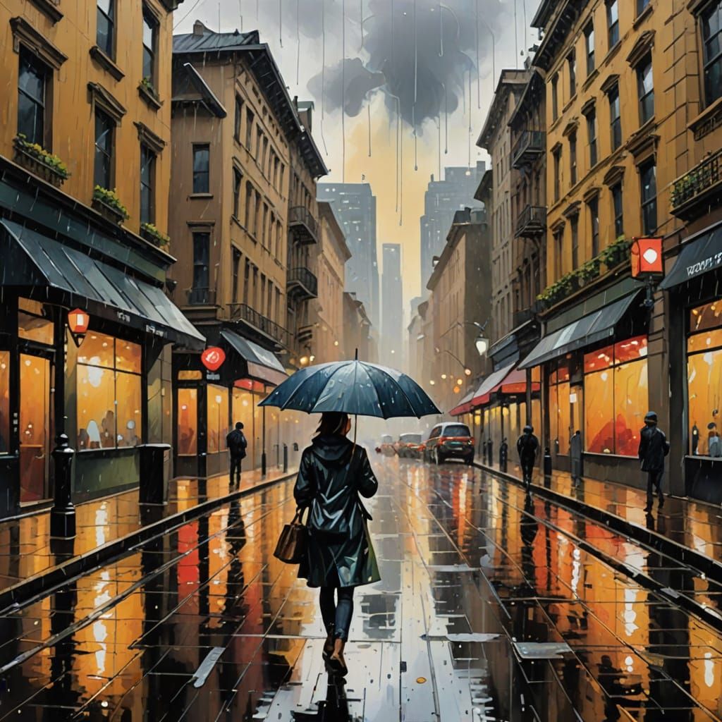 Vibrant Gouache Masterpiece of a Rainy City Street
