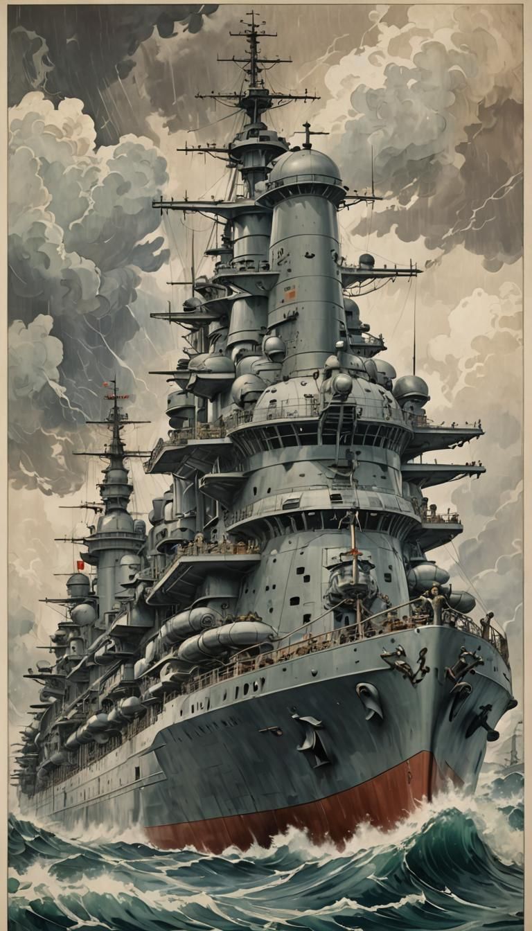 Battleship in Storm, Alphonse Mucha Style