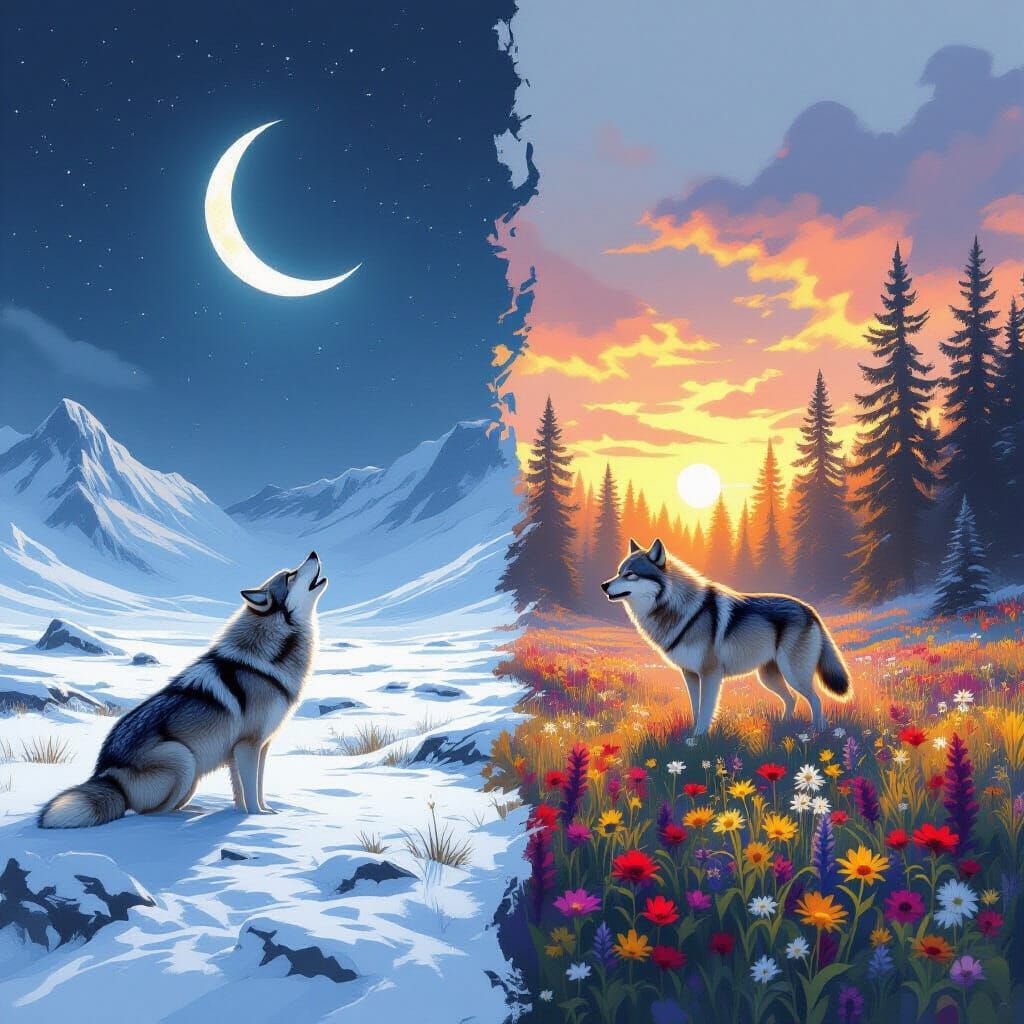 Wolf in Tundra and Forest, Magical Realism Style
